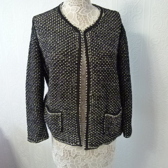 SOLD BOSS womans sweater black white fringe textured xl G21 - Picture 1 of 9